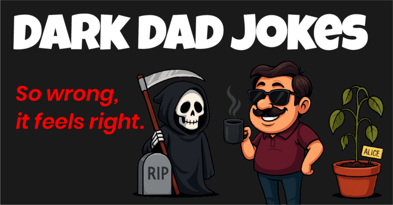 Dark Dad Jokes banner with grim reaper, dad in sunglasses, and funny taglines