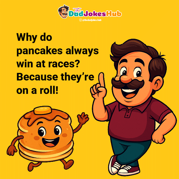 Food Dad Joke – Pancakes on a roll cartoon with dad character.