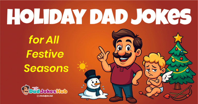 Holiday Dad Jokes for all festive seasons with cartoon dad, Christmas tree, and snowman