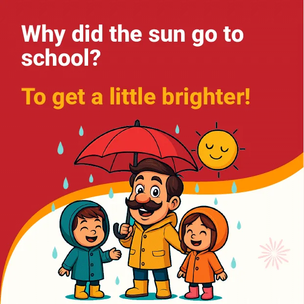 Cartoon dad holding an umbrella with kids under the rain and a smiling sun, featuring a summer dad joke.