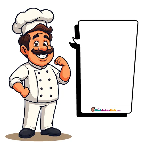 Cartoon Chef Dad in white chef uniform with red scarf, pocket logo, and branded speech bubble, 500x500 illustration.