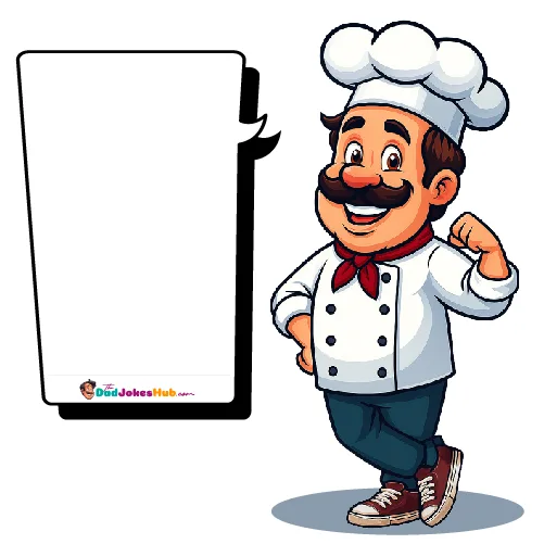 Cartoon Chef Dad in full white chef uniform, pocket logo, and branded speech bubble, 500x500 illustration.