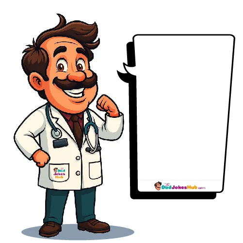 artoon Doctor Dad with mustache, white coat, stethoscope, pocket logo, and branded speech bubble, 500x500 illustration.