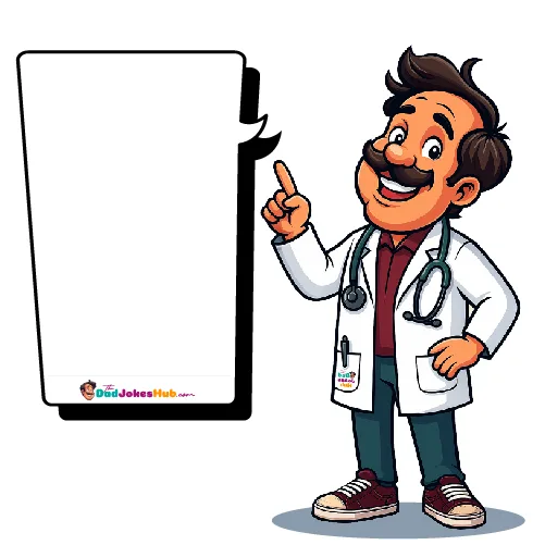 Smiling Doctor Dad character with stethoscope, white coat, pocket logo, and branded speech bubble, 500x500 illustration.