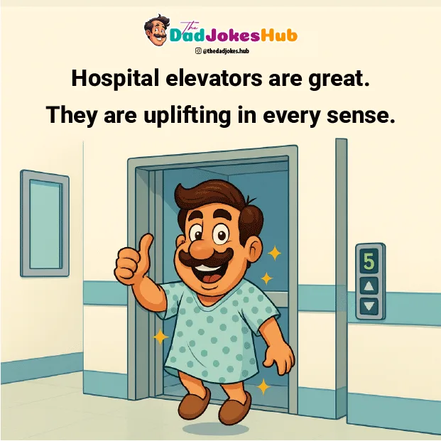 Cartoon patient giving a thumbs up while stepping out of a hospital elevator, illustrating hospital puns and dad jokes about uplifting rides.