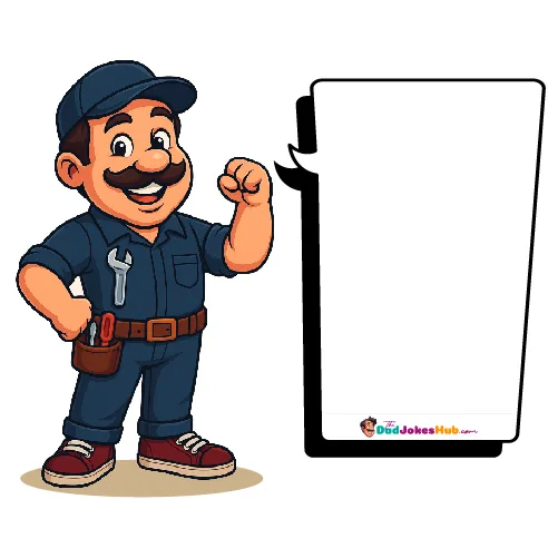 Cartoon Mechanic Dad in blue uniform with wrench, pocket logo, and branded speech bubble, 500x500 illustration.