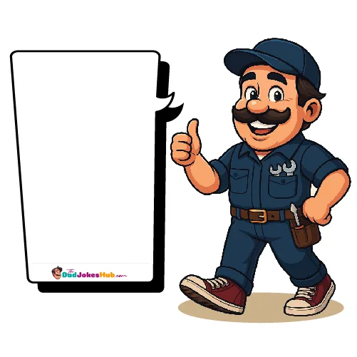 A cheerful 500x500 cartoon Mechanic Dad character in a blue work uniform with The Dad Jokes Hub logo on the pocket, holding a wrench, and standing beside a blank branded speech bubble, ready for your custom mechanical or repair-themed dad jokes.