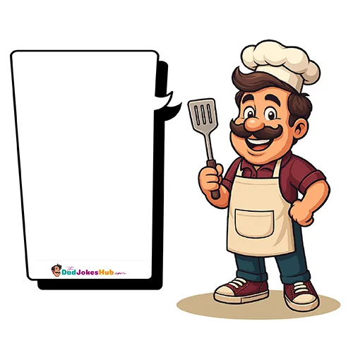 Cartoon BBQ Dad in chef hat and apron holding spatula with branded speech bubble — 500x500 illustration.