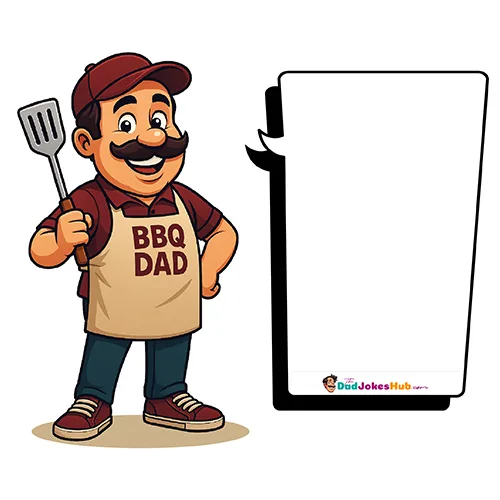 Cartoon BBQ Dad in cap and apron labeled “BBQ Dad,” holding spatula with branded speech bubble — 500x500 illustration.