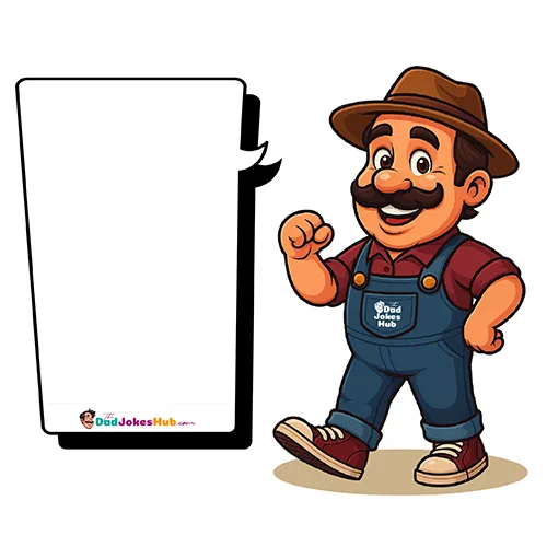 Cartoon Farmer Dad walking in overalls with pocket logo, hat, and branded speech bubble — 500x500 illustration.