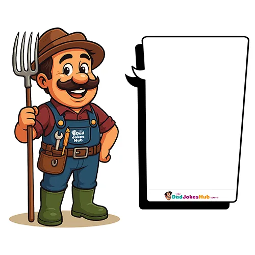 Cartoon Farmer Dad holding pitchfork, wearing hat, overalls with pocket logo, and branded speech bubble — 500x500 illustration.