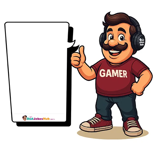 Cartoon Gamer Dad in black T-shirt with headset, pocket logo on headphones, giving thumbs up beside branded speech bubble — 500x500 illustration.