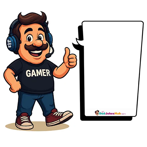 Cartoon Gamer Dad in red T-shirt with headphones, pocket logo on headset, giving thumbs up beside branded speech bubble — 500x500 illustration.