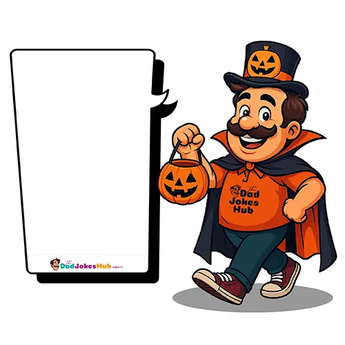Cartoon Halloween Dad in top hat and cape holding pumpkin basket with branded speech bubble — 500x500 illustration.