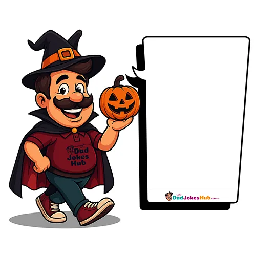 Cartoon Halloween Dad in wizard hat and cape holding pumpkin with branded speech bubble — 500x500 illustration.