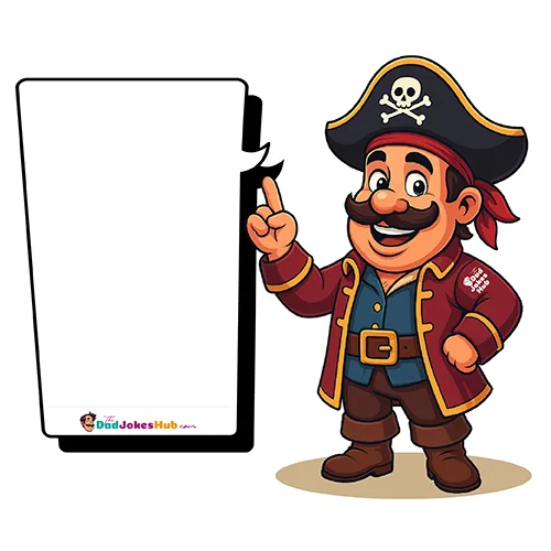 Cartoon Pirate Dad pointing upward in pirate hat and red coat with branded speech bubble — 500x500 illustration.