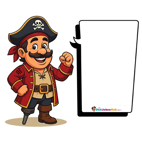 Cartoon Pirate Dad with red coat, pirate hat, wooden peg leg, and branded speech bubble — 500x500 illustration.