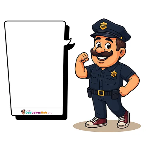 Cartoon Police Dad flexing arm in blue uniform with badge and branded speech bubble — 500x500 illustration.