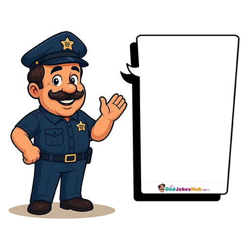 Cartoon Police Dad waving in blue uniform and cap with badge, standing beside branded speech bubble — 500x500 illustration.