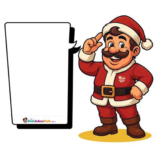 Cartoon Santa Dad smiling and pointing to head in red Santa outfit with branded speech bubble — 500x500 illustration.