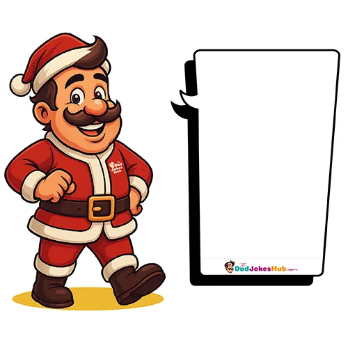 Cartoon Santa Dad walking in red Santa suit with belt, hat, and branded speech bubble — 500x500 illustration.