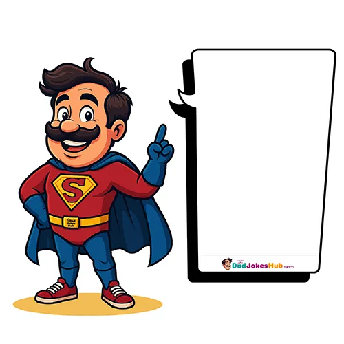 Cartoon Superhero Dad in red and blue costume with cape, pointing upward beside branded speech bubble — 500x500 illustration.