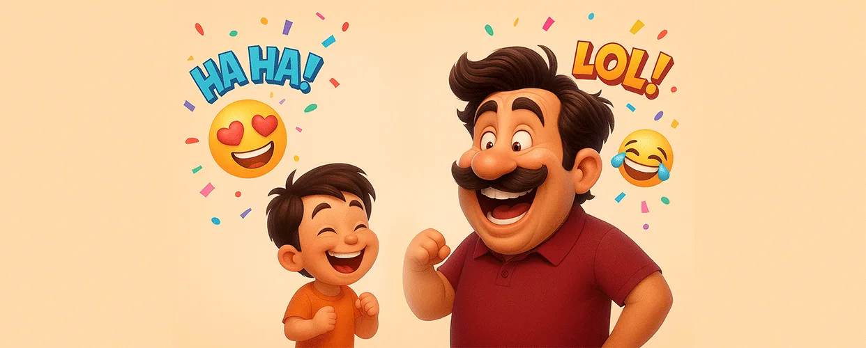Joyful cartoon dad and son laughing together with emojis, confetti, and comic text like “HAHA!” and “LOL!” on a peach background, clean center space for dad jokes intro