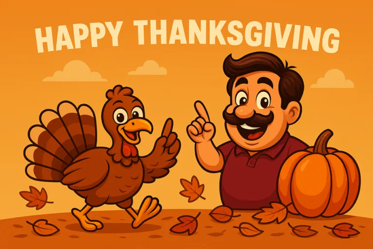 Cartoon Dad character smiling with turkey and pumpkin under “Happy Thanksgiving” banner — festive autumn illustration.