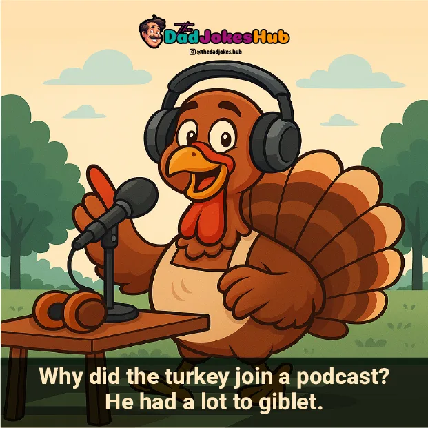 Cartoon turkey wearing headphones and recording a podcast, created for thanksgiving dad jokes.