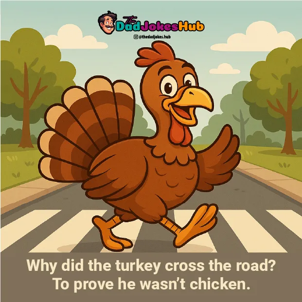 Cartoon turkey crossing a street on a zebra crosswalk, used for funny thanksgiving dad jokes.