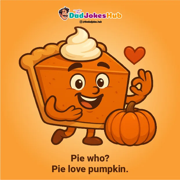 Cute cartoon pumpkin pie character with whipped cream and a pumpkin beside it, created for funny thanksgiving dad jokes.