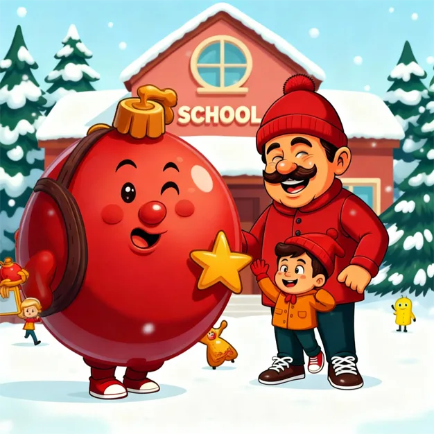 Cute Christmas ornament character with dad and kid outside a snowy school, smiling together for a Christmas dad jokes scene.
