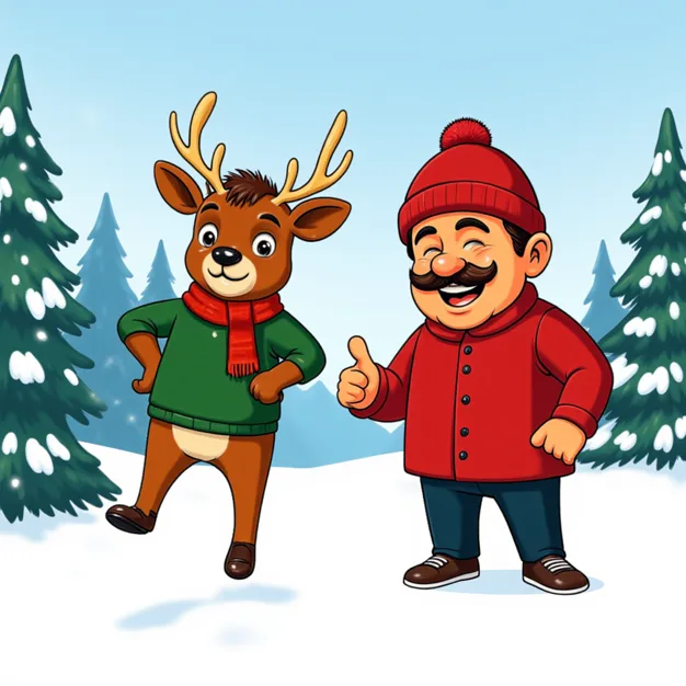 riendly cartoon reindeer and dad standing in snowy trees for a Christmas dad jokes theme.