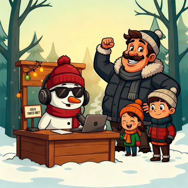 Funny snowman hosting a winter podcast with dad and kids watching for a Christmas dad jokes scene.