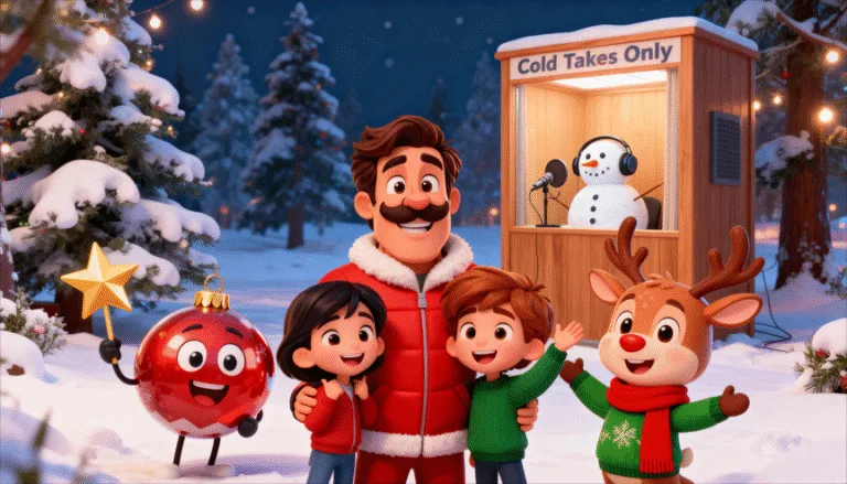 Dad and kids posing with a reindeer, a smiling Christmas ornament, and a snowman podcast booth in a snowy forest for a Christmas dad jokes scene.