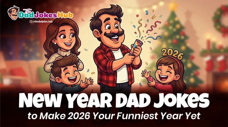 Dad celebrating New Year 2026 with his family, popping confetti in a warm festive living room scene.
