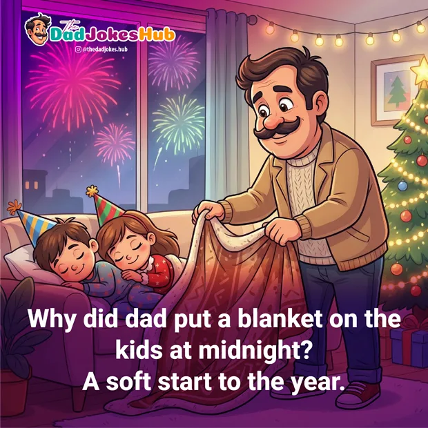 Dad gently covering his sleeping kids with a blanket on New Year’s Eve.