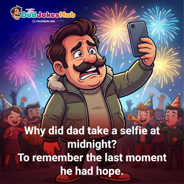 Dad taking a dramatic selfie at a New Year countdown with fireworks in the background.