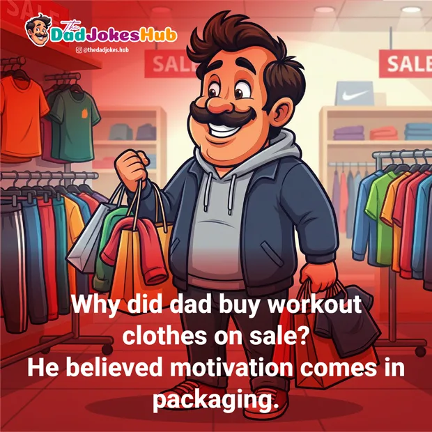 Dad happily shopping during New Year sales while holding multiple bags of clothes.