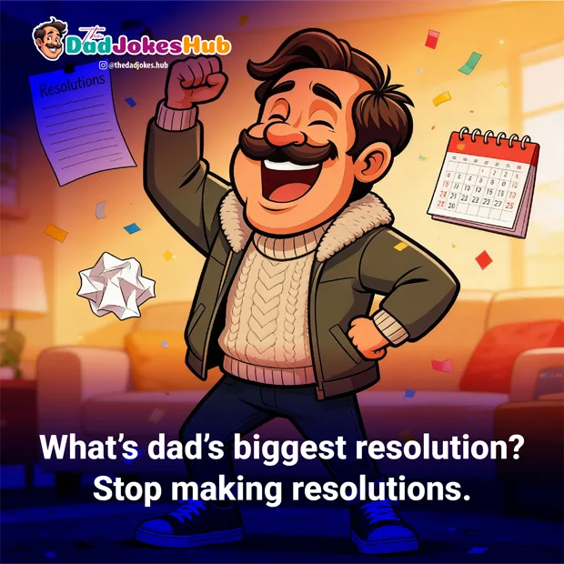 Dad holding a crumpled New Year resolutions list with a confused smile in a cozy living room.