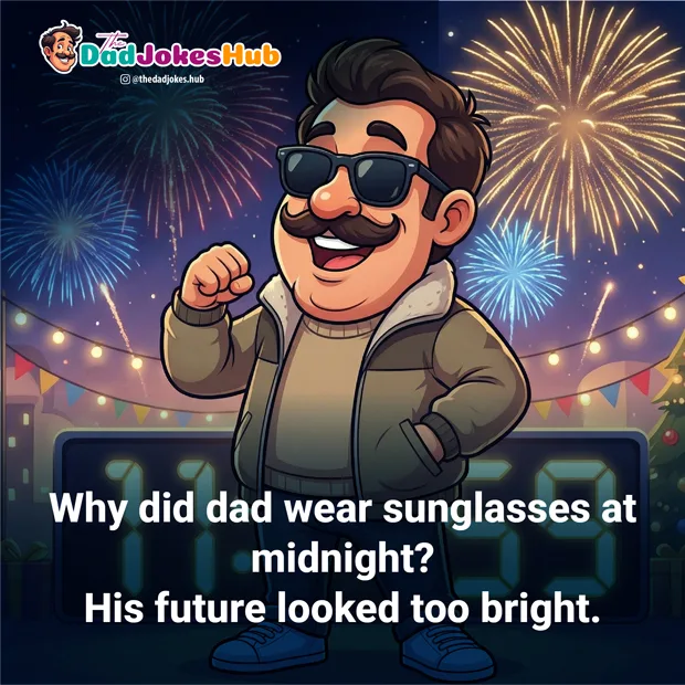 Dad walking confidently at a New Year party wearing sunglasses at midnight with fireworks behind him.