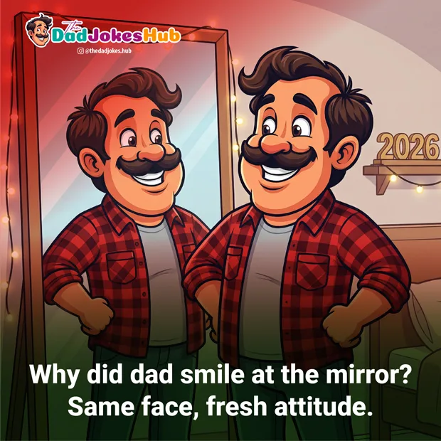 Dad smiling proudly at his reflection in the mirror on New Year’s Day.