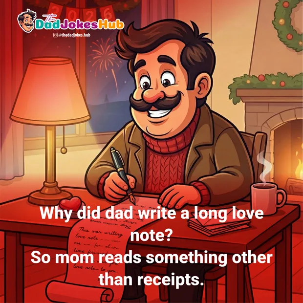 Dad writing a long love note at a cozy desk on New Year’s Eve.