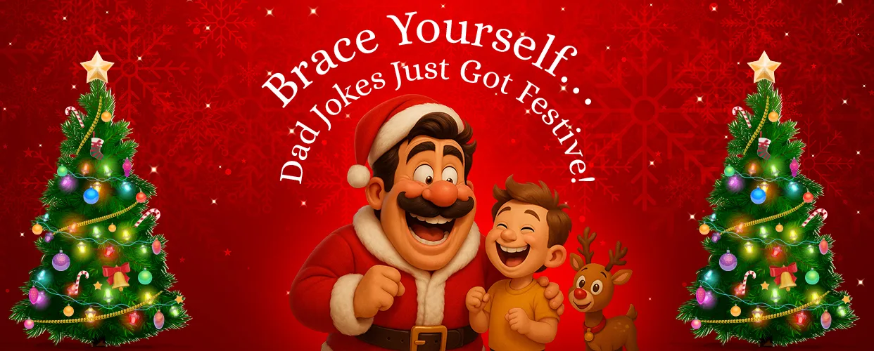Christmas dad jokes hero banner featuring Santa-style dad, laughing child, reindeer, and decorated Christmas trees on a red festive background with the text “Brace Yourself… Dad Jokes Just Got Festive!