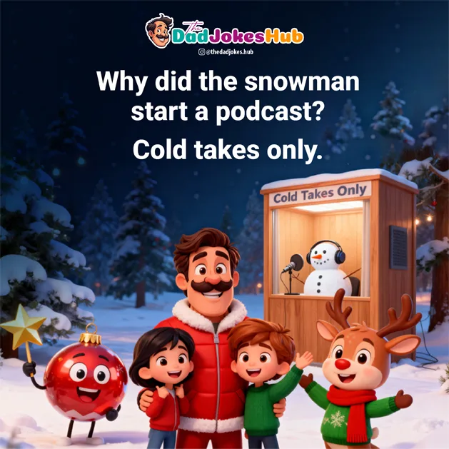 Christmas dad jokes scene with a snowman podcast booth, smiling dad, kids, reindeer and ornament characters in a snowy forest.